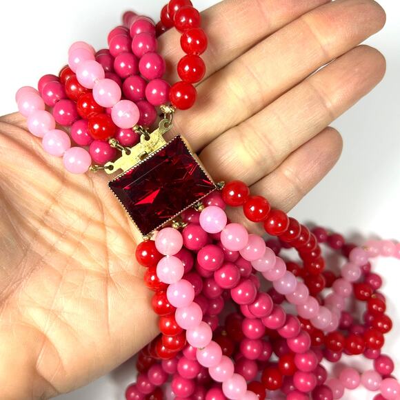Hattie Carnegie Vintage Pink Red Glass Bead Statement Necklace 1950s Signed - Picture 3 of 8
